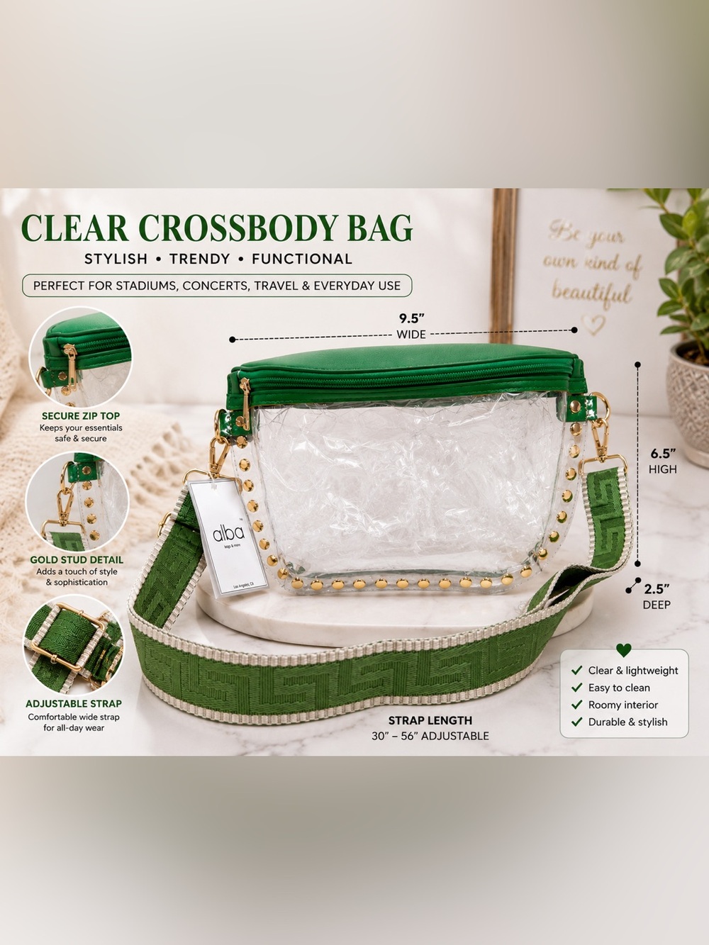 Alba Clear Crossbody Bag with Green Top and Gold Studs
